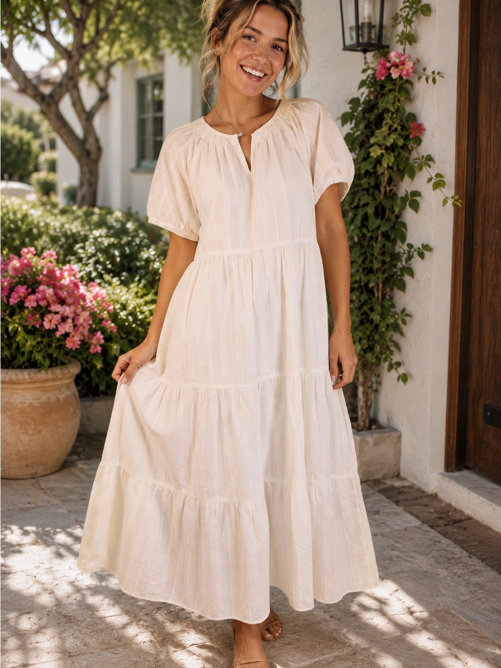 Light Cream Tiered Maxi Dress with Short Puff Sleeves